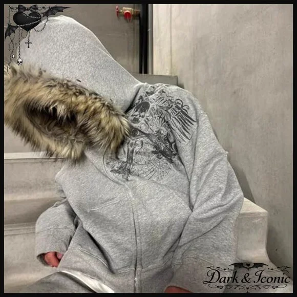 Oversized Zip Up Hoodie with Faux Fur Hood, Grunge Streetwear Jacket